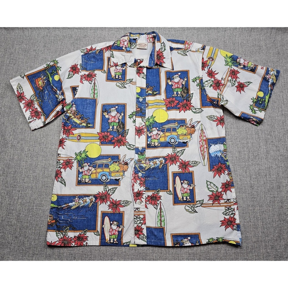 Go Barefoot Shirt Mens Large Santa Surf Christmasβ Hawaiian Aloha Camp VINTAGE